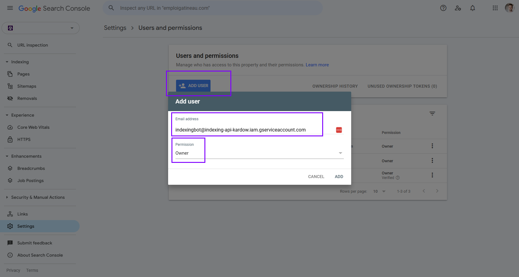 Make sure Owner role for Permission
